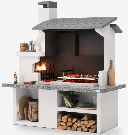 Palazzetti in Giardino Trinidad 2 Barbecue Carbonelle Legna Cemento Da Verniciare Focolare Braciere Laterale Portalegna Area Grill Paravento Sottocappa Griglia Cottura Top Piano Marmotech Tettoia Cemipiù Incluso Kit Verniciatura e Montaggio 204x95 H230 cm