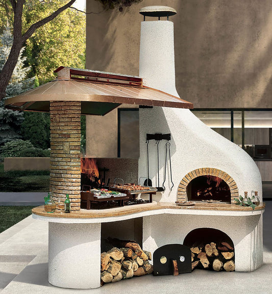 Palazzetti in Giardino Vulcano Lux Barbecue con Forno Legna Carboni Cemento Refrattario Da Pitturare Piano Cottura Portina Acciaio Area Grill Cassetto Griglia Bioplatt Top Lavoro Colonna Marmo Cappa Rame Incluso Kit Montaggio Verniciatura 252x266 H320 cm