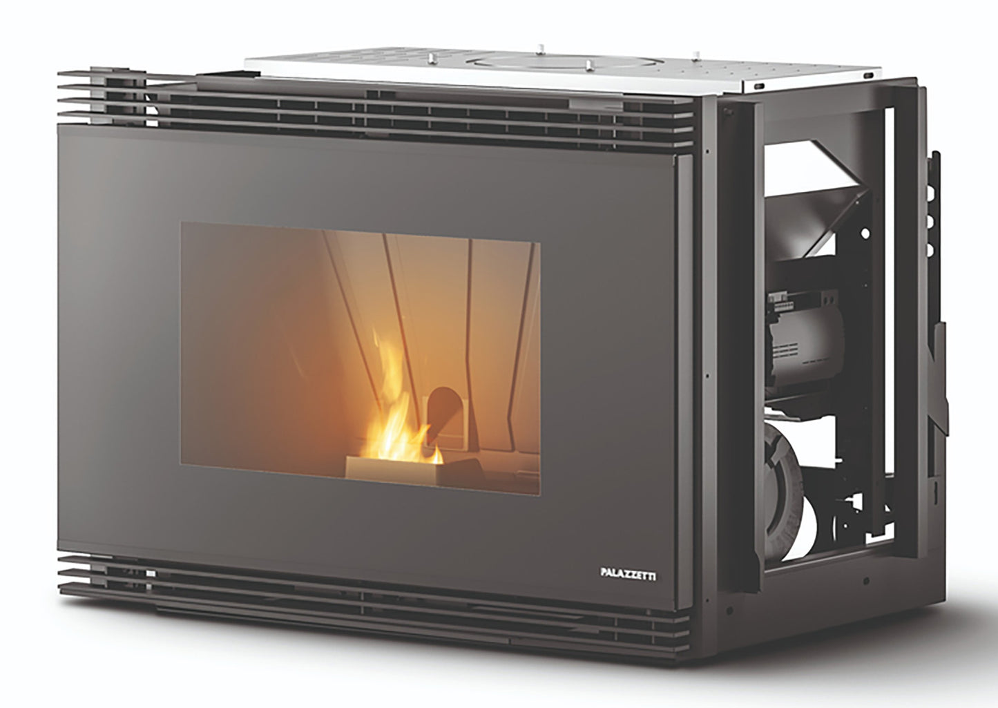 Palazzetti Inserto A78 Focolare Pellet Aria Calda Ventilata Frontale Velocità Regolabile 12,5 Kw Inserimento Camino Porta Sistema Autobilanciante Coperchio Display Digitale Gestione Impostazioni Parametri Programma Fasce Orarie Sensore Livello 78x65x57 cm