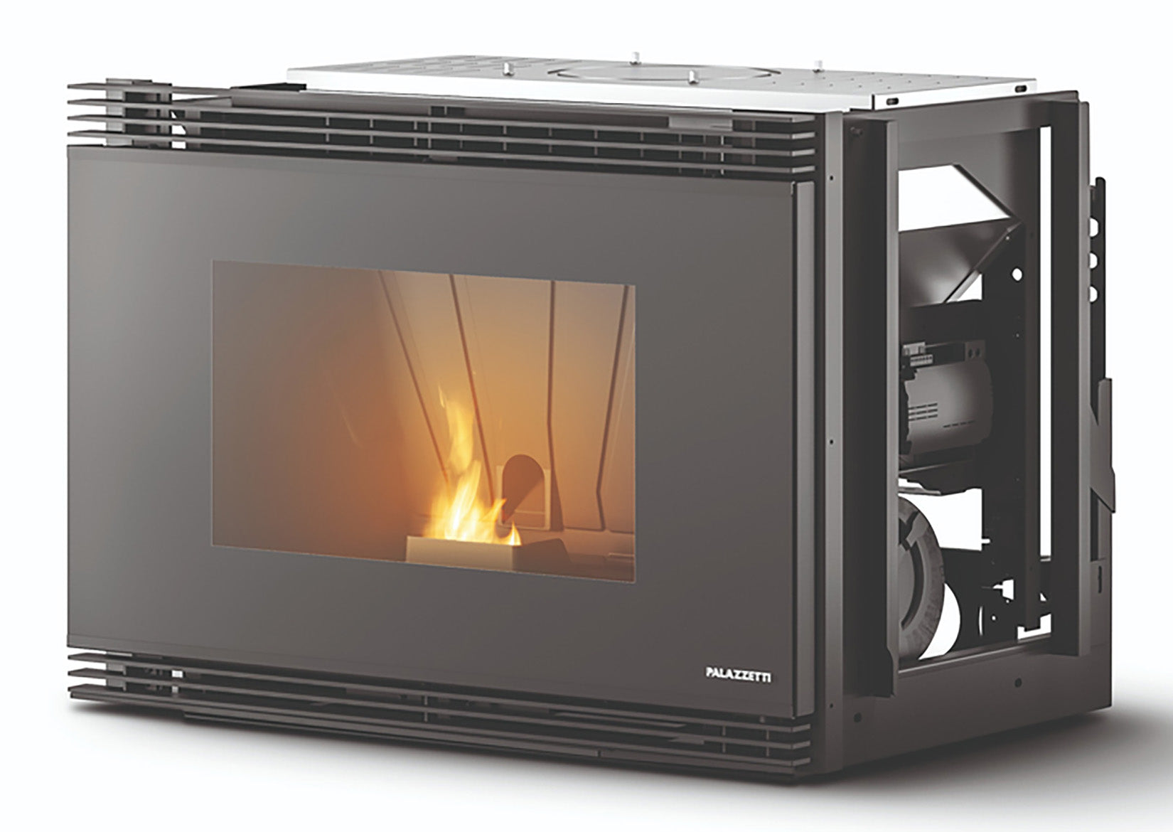 Palazzetti Inserto A78 Focolare Pellet Aria Calda Ventilata Frontale Velocità Regolabile 12,5 Kw Inserimento Camino Porta Sistema Autobilanciante Coperchio Display Digitale Gestione Impostazioni Parametri Programma Fasce Orarie Sensore Livello 78x65x57 cm