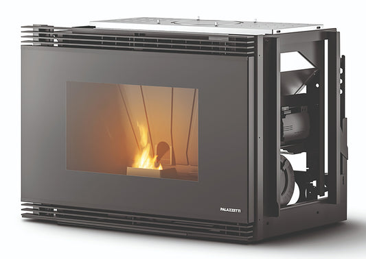 Palazzetti Inserto A78 Focolare Pellet Aria Calda Ventilata Frontale Velocità Regolabile 12,5 Kw Inserimento Camino Porta Sistema Autobilanciante Coperchio Display Digitale Gestione Impostazioni Parametri Programma Fasce Orarie Sensore Livello 78x65x57 cm