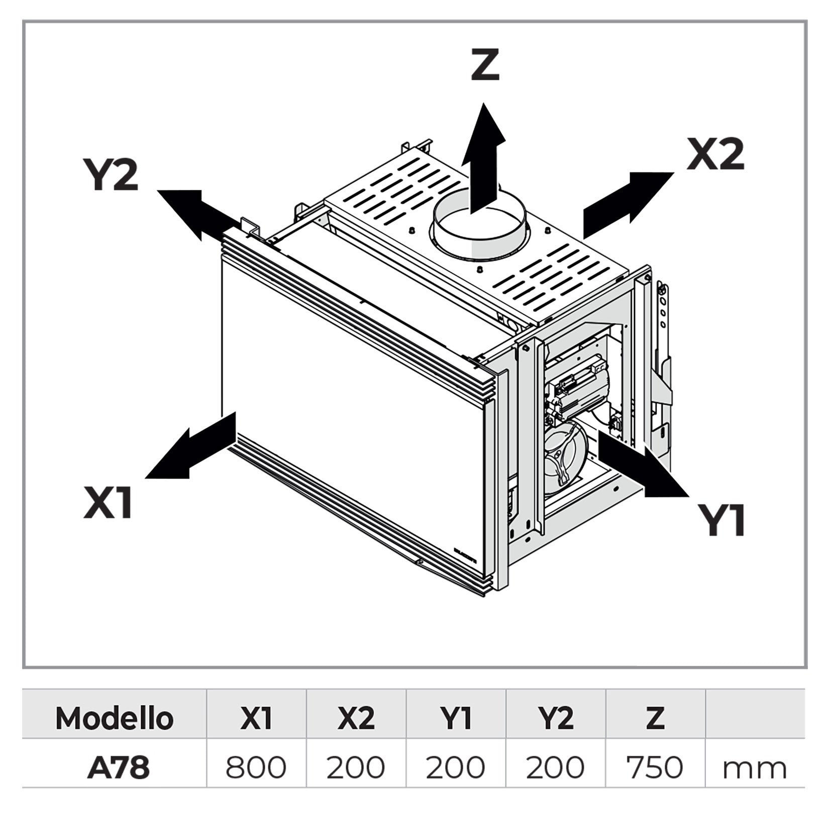 Palazzetti Inserto A78 Focolare Pellet Aria Calda Ventilata Frontale Velocità Regolabile 12,5 Kw Inserimento Camino Porta Sistema Autobilanciante Coperchio Display Digitale Gestione Impostazioni Parametri Programma Fasce Orarie Sensore Livello 78x65x57 cm