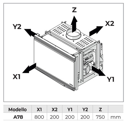 Palazzetti Inserto A78 Focolare Pellet Aria Calda Ventilata Frontale Velocità Regolabile 12,5 Kw Inserimento Camino Porta Sistema Autobilanciante Coperchio Display Digitale Gestione Impostazioni Parametri Programma Fasce Orarie Sensore Livello 78x65x57 cm