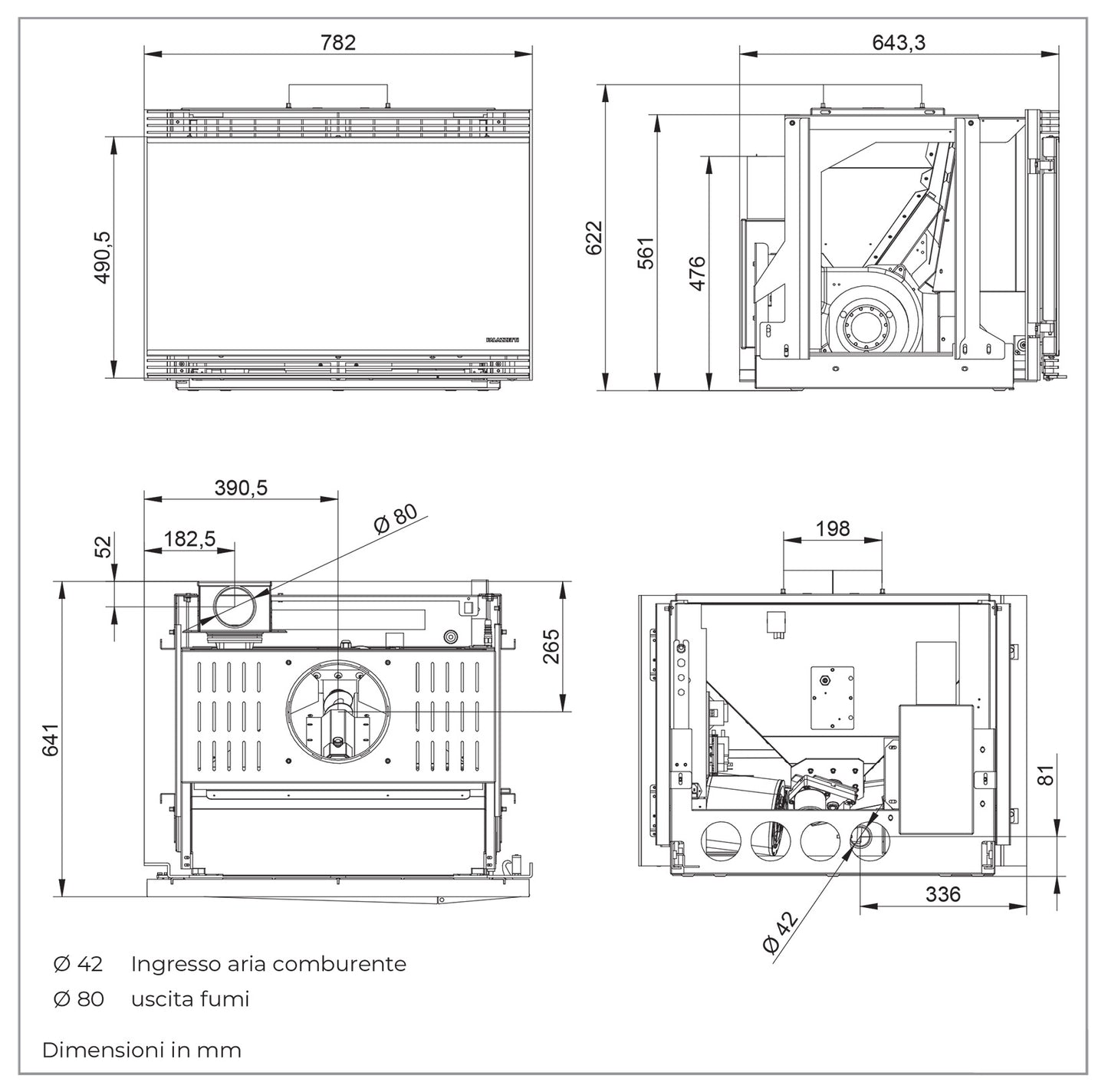 Palazzetti Inserto A78 Focolare Pellet Aria Calda Ventilata Frontale Velocità Regolabile 12,5 Kw Inserimento Camino Porta Sistema Autobilanciante Coperchio Display Digitale Gestione Impostazioni Parametri Programma Fasce Orarie Sensore Livello 78x65x57 cm