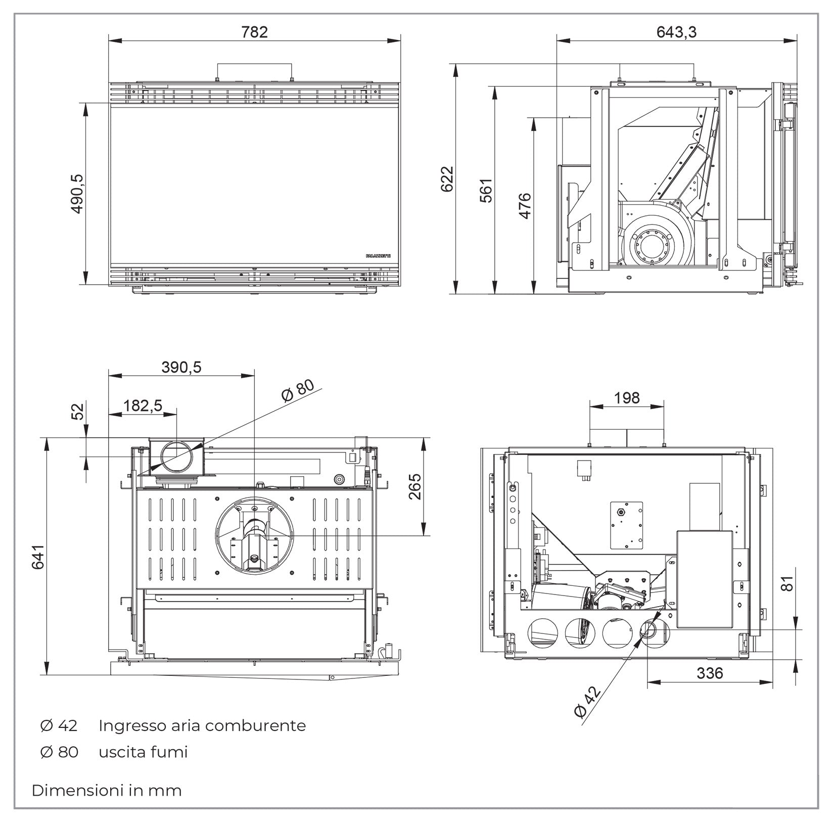Palazzetti Inserto A78 Focolare Pellet Aria Calda Ventilata Frontale Velocità Regolabile 12,5 Kw Inserimento Camino Porta Sistema Autobilanciante Coperchio Display Digitale Gestione Impostazioni Parametri Programma Fasce Orarie Sensore Livello 78x65x57 cm