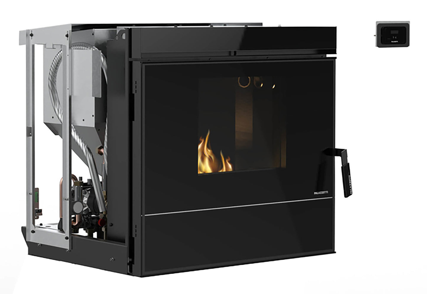 Palazzetti Inserto Idro Ventilato V15 Termo Focolare Pellet Aria Calda Ventilata Potenza 15,2 Kw Camino Inserimento Gruppo Idraulico Integrato Pannello Digitale Combustione Totale Pulizia Automatica Braciere Cassetto Cenere Sensore Livello L86xP70xH78 cm