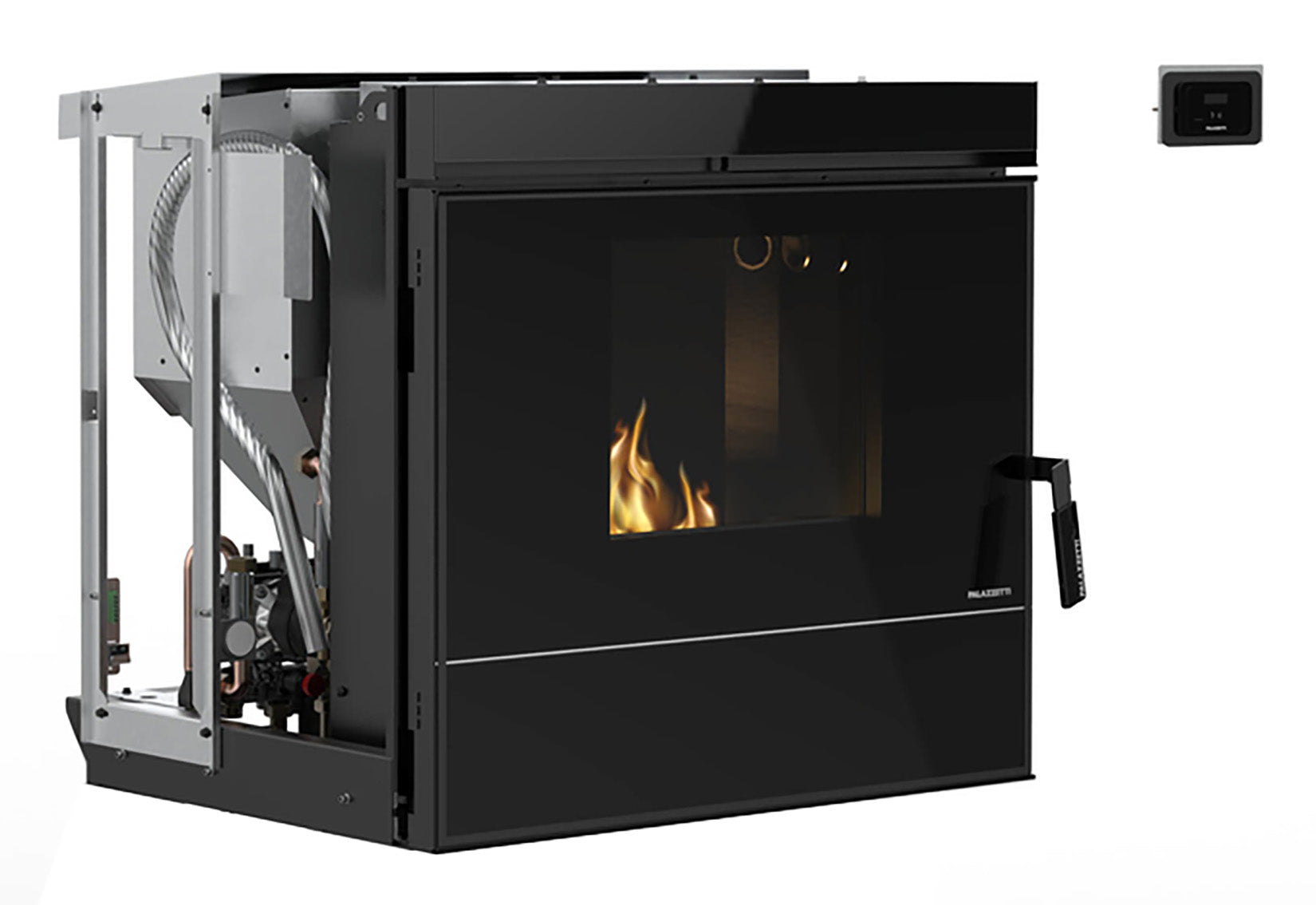 Palazzetti Inserto Idro Ventilato V24 Termo Focolare Pellet Aria Calda Ventilata Potenza 23,8 Kw Camino Inserimento Gruppo Idraulico Integrato Pannello Digitale Combustione Totale Pulizia Automatica Braciere Cassetto Cenere Sensore Livello L86xP70xH78 cm