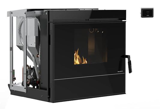 Palazzetti Inserto Idro Ventilato V24 Termo Focolare Pellet Aria Calda Ventilata Potenza 23,8 Kw Camino Inserimento Gruppo Idraulico Integrato Pannello Digitale Combustione Totale Pulizia Automatica Braciere Cassetto Cenere Sensore Livello L86xP70xH78 cm