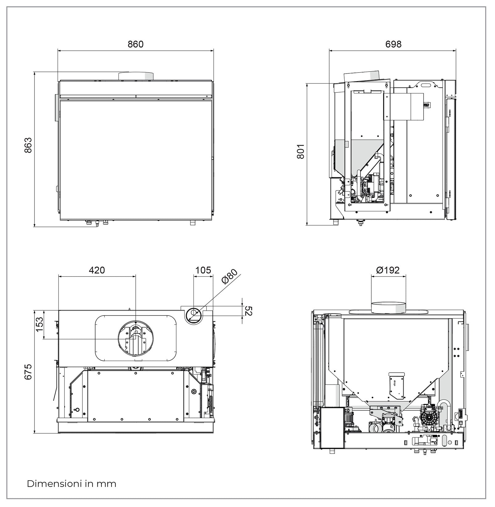 Palazzetti Inserto Idro Ventilato V15 Termo Focolare Pellet Aria Calda Ventilata Potenza 15,2 Kw Camino Inserimento Gruppo Idraulico Integrato Pannello Digitale Combustione Totale Pulizia Automatica Braciere Cassetto Cenere Sensore Livello L86xP70xH78 cm