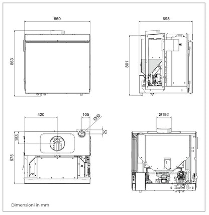 Palazzetti Inserto Idro Ventilato V20 Termo Focolare Pellet Aria Calda Ventilata Potenza 20,4 Kw Camino Inserimento Gruppo Idraulico Integrato Pannello Digitale Combustione Totale Pulizia Automatica Braciere Cassetto Cenere Sensore Livello L86xP70xH78 cm