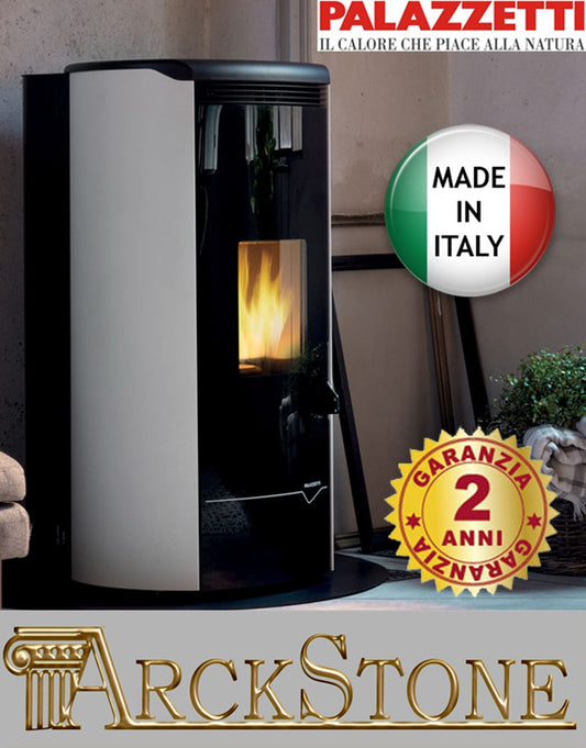 Palazzetti Jackie Idro S20 TC Termo Stufa Pellet Ermetica Aria Ventilata Potenza 20 Kw Rivestimento Acciaio Colore Bianco Top Ghisa Uscita Fumi Posteriore Controllo Sfioro Programma Fasce Orarie Gruppo Idraulico Integrato Combustione Totale Autopulizia