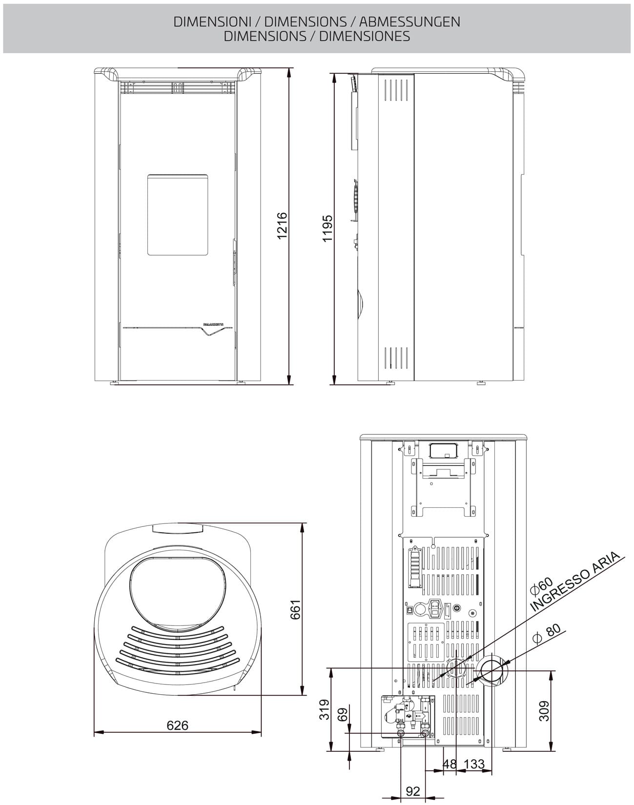 Palazzetti Jackie Idro S26 TC ACS Termo Stufa Pellet Ermetica Aria Ventilata Acqua Calda Sanitaria Potenza 26 Kw Rivestimento Acciaio Moka Top Ghisa Uscita Fumi Posteriore Controllo Sfioro Programma Fasce Orarie Gruppo Idraulico Integrato Autopulizia