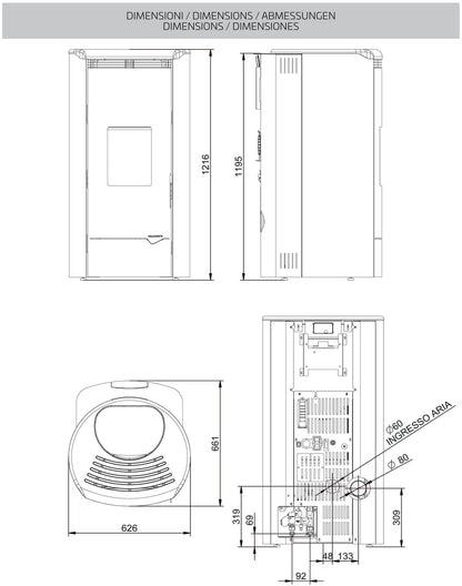 Palazzetti Jackie Idro S26 TC ACS Termo Stufa Pellet Ermetica Aria Ventilata Acqua Calda Sanitaria Potenza 26 Kw Rivestimento Acciaio Moka Top Ghisa Uscita Fumi Posteriore Controllo Sfioro Programma Fasce Orarie Gruppo Idraulico Integrato Autopulizia