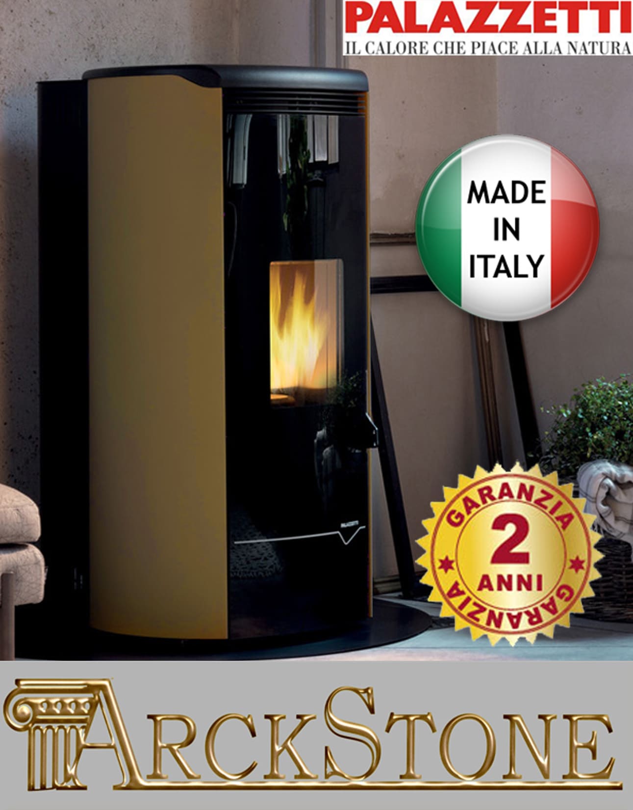 Palazzetti Jackie Idro S26 TC ACS Termo Stufa Pellet Ermetica Aria Ventilata Acqua Calda Sanitaria Potenza 26 Kw Rivestimento Acciaio Moka Top Ghisa Uscita Fumi Posteriore Controllo Sfioro Programma Fasce Orarie Gruppo Idraulico Integrato Autopulizia