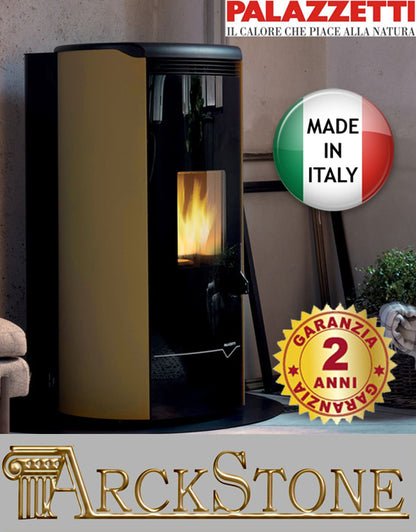 Palazzetti Jackie Idro S26 TC ACS Termo Stufa Pellet Ermetica Aria Ventilata Acqua Calda Sanitaria Potenza 26 Kw Rivestimento Acciaio Moka Top Ghisa Uscita Fumi Posteriore Controllo Sfioro Programma Fasce Orarie Gruppo Idraulico Integrato Autopulizia