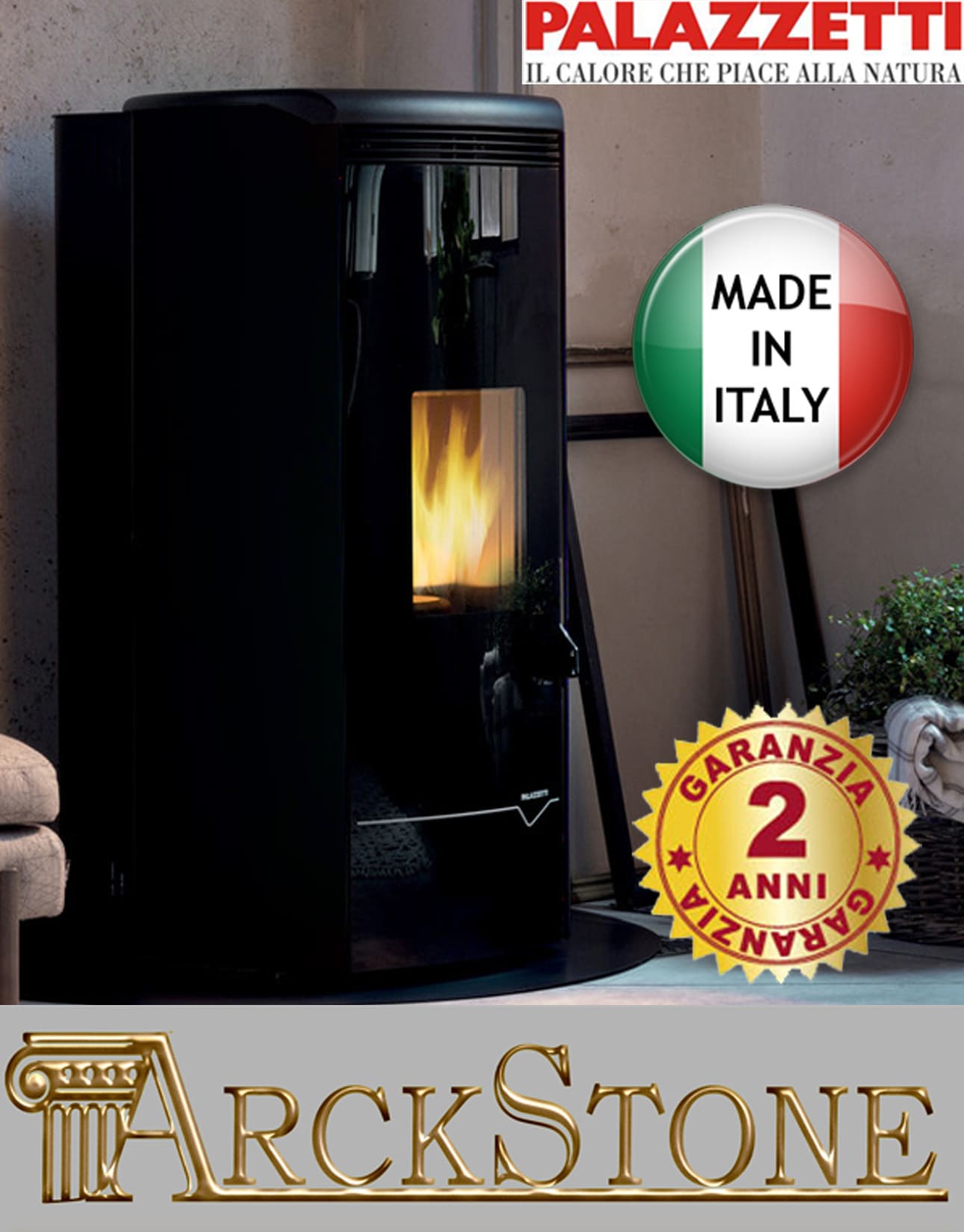 Palazzetti Jackie Idro S26 TC ACS Termo Stufa Pellet Ermetica Aria Ventilata Acqua Calda Sanitaria Potenza 26 Kw Rivestimento Acciaio Nero Top Ghisa Uscita Fumi Posteriore Controllo Sfioro Programma Fasce Orarie Gruppo Idraulico Integrato Autopulizia