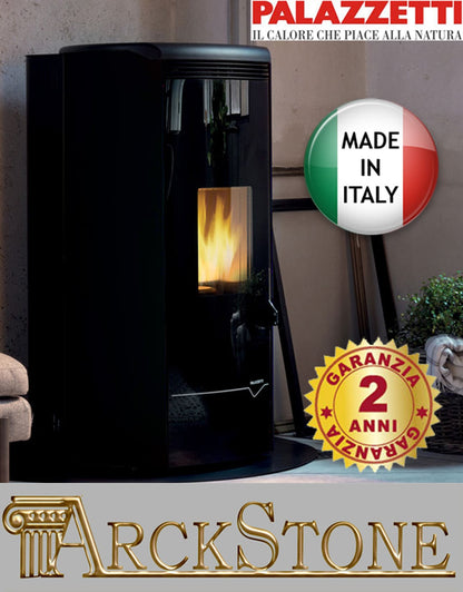 Palazzetti Jackie Idro S26 TC ACS Termo Stufa Pellet Ermetica Aria Ventilata Acqua Calda Sanitaria Potenza 26 Kw Rivestimento Acciaio Nero Top Ghisa Uscita Fumi Posteriore Controllo Sfioro Programma Fasce Orarie Gruppo Idraulico Integrato Autopulizia