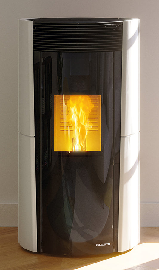 Palazzetti Lilibet TC 9 Pro 2 Stufa Pellet Ermetica Aria Calda Ventilata Canalizzata Regolabile Potenza 9,3 Kw 2 Ventilatori Indipendenti Ceramica Bianco Mat Forma Circolare Uscita Fumi Posteriore Doppio Vetro Pulizia Automatica Braciere L64xP58xH122 cm