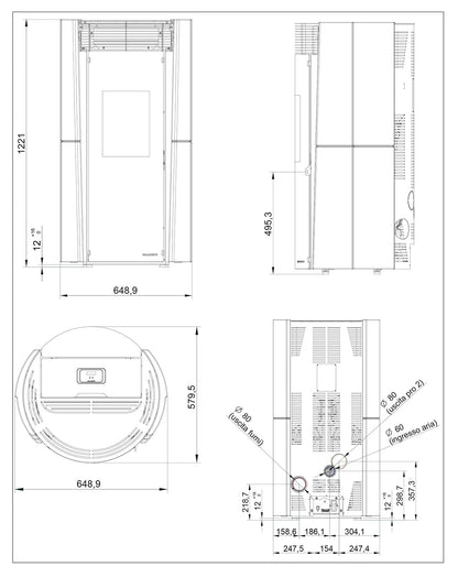 Palazzetti Lilibet TC 9 Pro 2 Stufa Pellet Ermetica Aria Calda Ventilata Canalizzata Regolabile Potenza 9,3 Kw 2 Ventilatori Indipendenti Ceramica Bianco Mat Forma Circolare Uscita Fumi Posteriore Doppio Vetro Pulizia Automatica Braciere L64xP58xH122 cm