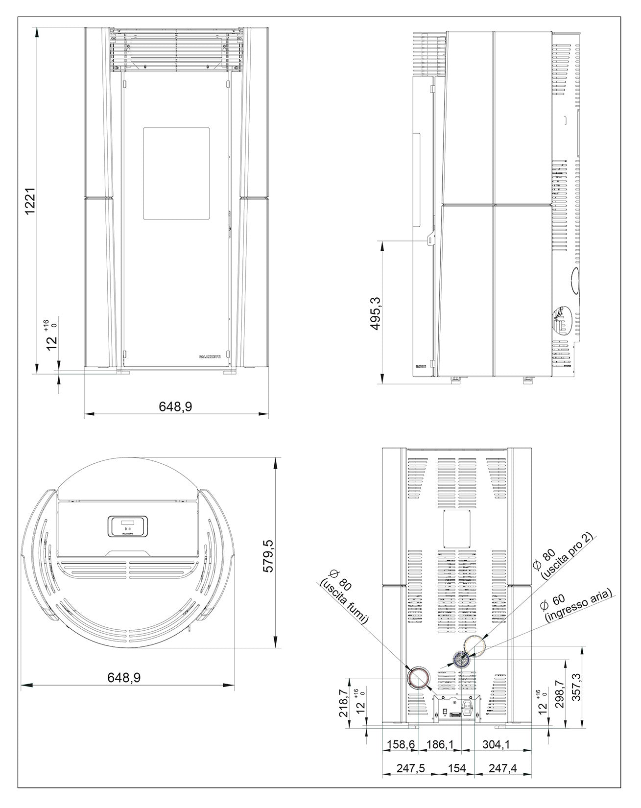 Palazzetti Lilibet TC 9 Pro 2 Stufa Pellet Ermetica Aria Calda Ventilata Canalizzata Regolabile Potenza 9,3 Kw 2 Ventilatori Indipendenti Ceramica Nero Forma Circolare Uscita Fumi Posteriore Doppio Vetro Pulizia Automatica Braciere L64xP58xH122 cm