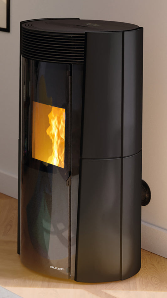 Palazzetti Lilibet TC 13 Stufa a Pellet Ermetica ad Aria Calda Ventilata Regolabile Potenza 13 Kw Rivestimento Ceramica Colore Nero Forma Circolare Uscita Fumi Posteriore Doppio Vetro Combustione Totale Pulizia Automatica Braciere L64xP58xH122 cm