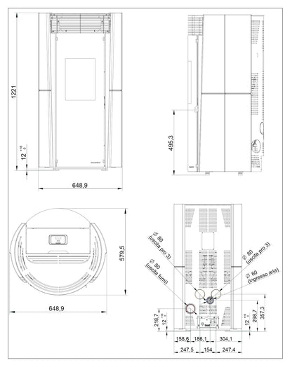 Palazzetti Lilibet TC 13 Pro 3 Stufa Pellet Ermetica Aria Calda Ventilata Canalizzata Regolabile Potenza 13 Kw 2 Ventilatori Indipendenti Ceramica Nero Forma Circolare Uscita Fumi Posteriore Doppio Vetro Pulizia Automatica Braciere L64xP58xH122 cm