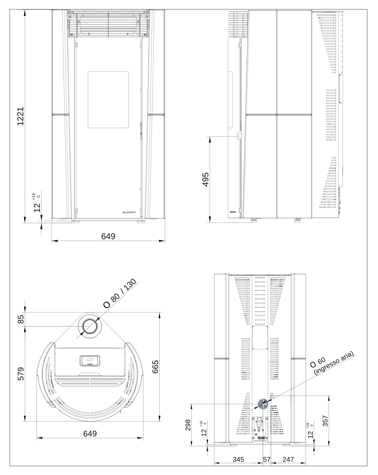 Palazzetti Lilibet TC 9 US Stufa Pellet Ermetica Aria Ventilata Frontale Regolabile Potenza 9,3 Kw Rivestimento Ceramica Colore Bianco Mat Uscita Fumi Coassiale Superiore Combustione Totale Pulizia Automatica Braciere Cassetto Cenere L65xP66xH122 cm