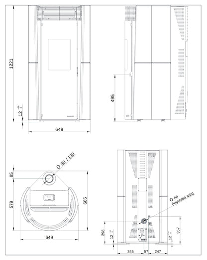 Palazzetti Lilibet TC 9 US Stufa Pellet Ermetica Aria Ventilata Frontale Regolabile Potenza 9,3 Kw Rivestimento Ceramica Colore Bianco Mat Uscita Fumi Coassiale Superiore Combustione Totale Pulizia Automatica Braciere Cassetto Cenere L65xP66xH122 cm