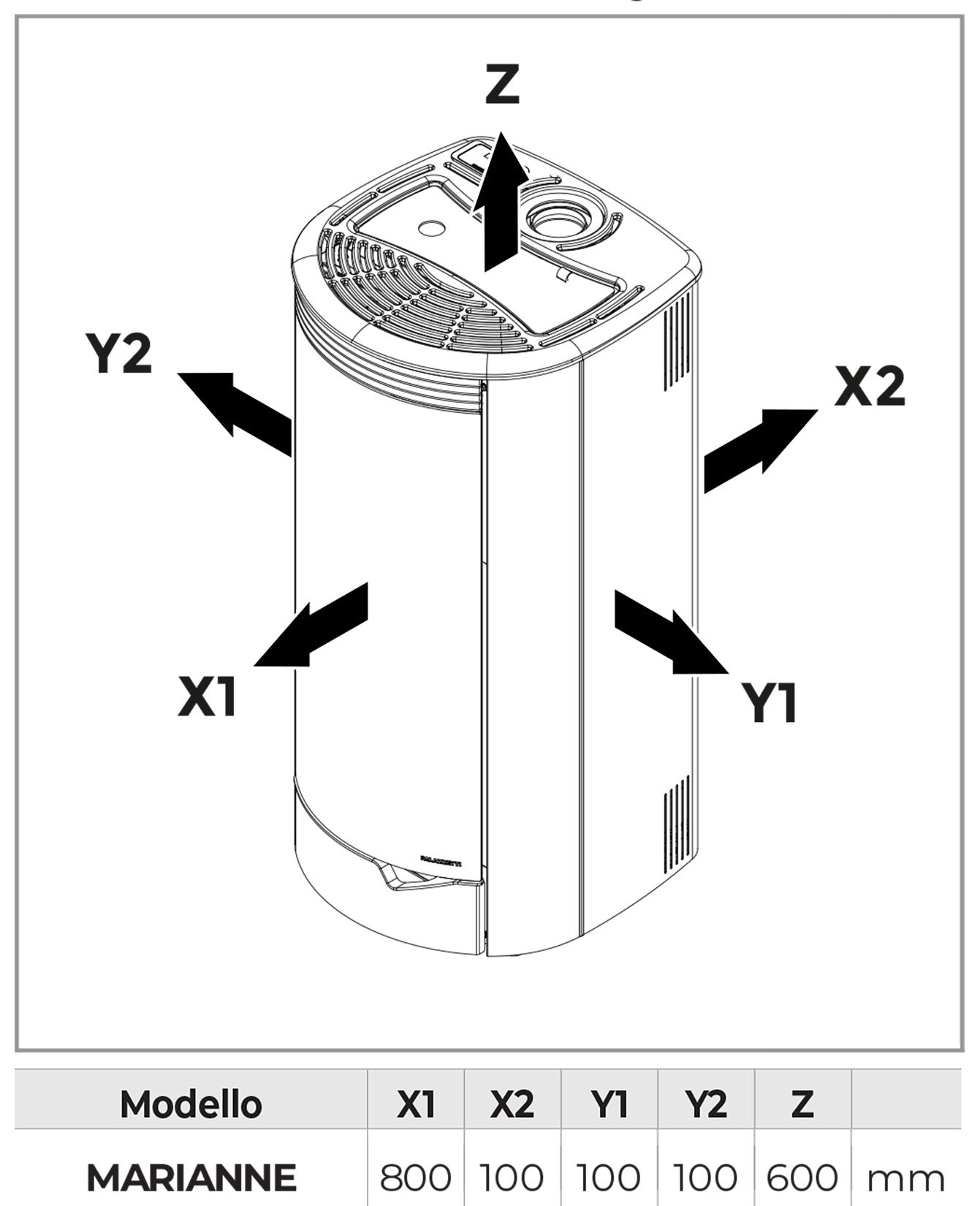 Palazzetti Marianne 9 US PRO 2 Stufa Pellet Ermetica Aria Ventilata Canalizzata 2 Ventilatori Indipendenti Potenza 9,1 Kw Rivestimento Acciaio Moka Uscita Fumi Superiore Forma Stondata Doppia Porta Braciere Ghisa Cassetto Cenere Ventilazione Regolabile