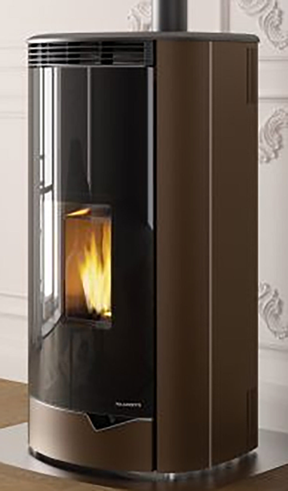 Palazzetti Marianne 9 US PRO 2 Stufa Pellet Ermetica Aria Ventilata Canalizzata 2 Ventilatori Indipendenti Potenza 9,1 Kw Rivestimento Acciaio Moka Uscita Fumi Superiore Forma Stondata Doppia Porta Braciere Ghisa Cassetto Cenere Ventilazione Regolabile
