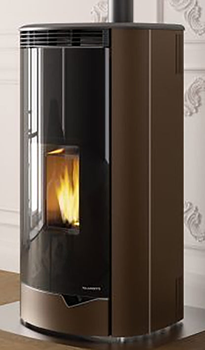 Palazzetti Marianne 9 US PRO 2 Stufa Pellet Ermetica Aria Ventilata Canalizzata 2 Ventilatori Indipendenti Potenza 9,1 Kw Rivestimento Acciaio Moka Uscita Fumi Superiore Forma Stondata Doppia Porta Braciere Ghisa Cassetto Cenere Ventilazione Regolabile