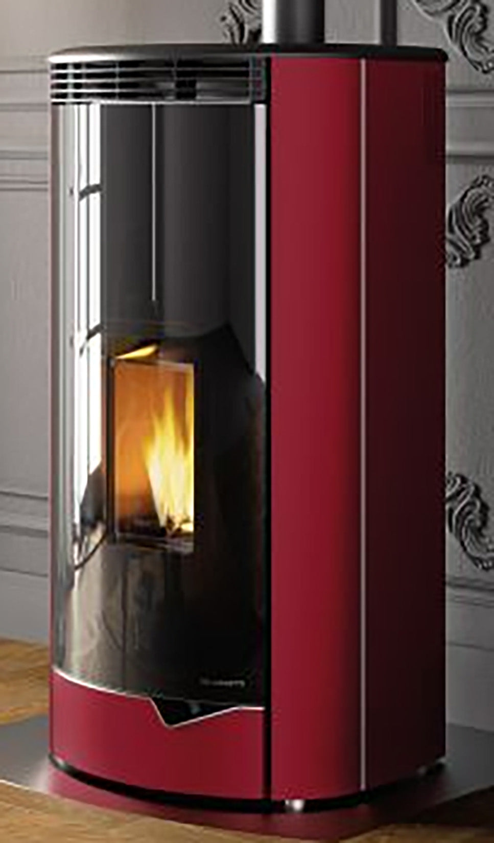 Palazzetti Marianne 9 US PRO 2 Stufa Pellet Ermetica Aria Ventilata Canalizzata 2 Ventilatori Indipendenti Potenza 9,1 Kw Rivestimento Acciaio Rosso Uscita Fumi Superiore Forma Stondata Doppia Porta Braciere Ghisa Cassetto Cenere Ventilazione Regolabile