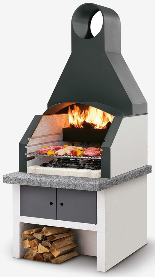 Palazzetti in Giardino Maxime 2 Grill Con Cappa Inox Antracite Barbecue Carbonelle Cemento Refrattario Focolare Rinforzato Carico Legna Frontale Posteriore Cassetto Cenere Griglia Cottura Top Marmotech Incluso Kit Verniciatura Montaggio 102x95 H228 cm