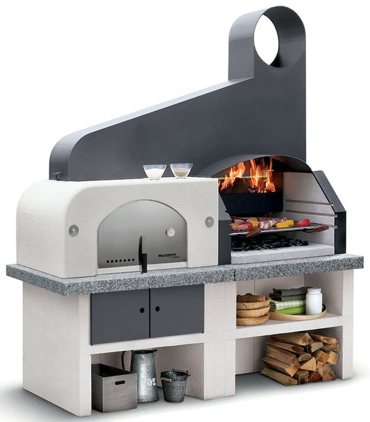 Palazzetti in Giardino Maxime 2 Grill e Forno Con Cappa Inox Antracite Barbecue Carbonelle Cemento Refrattario Focolare Rinforzato Carico Legna Frontale Posteriore Cassetto Griglia Cottura Top Marmotech Incluso Kit Verniciatura e Montaggio 204x95 H236 cm