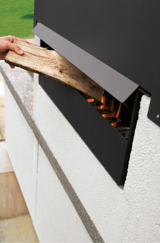 Palazzetti in Giardino Maxime 2 Grill e Forno Con Cappa Inox Antracite Barbecue Carbonelle Cemento Refrattario Focolare Rinforzato Carico Legna Frontale Posteriore Cassetto Griglia Cottura Top Marmotech Incluso Kit Verniciatura e Montaggio 204x95 H236 cm
