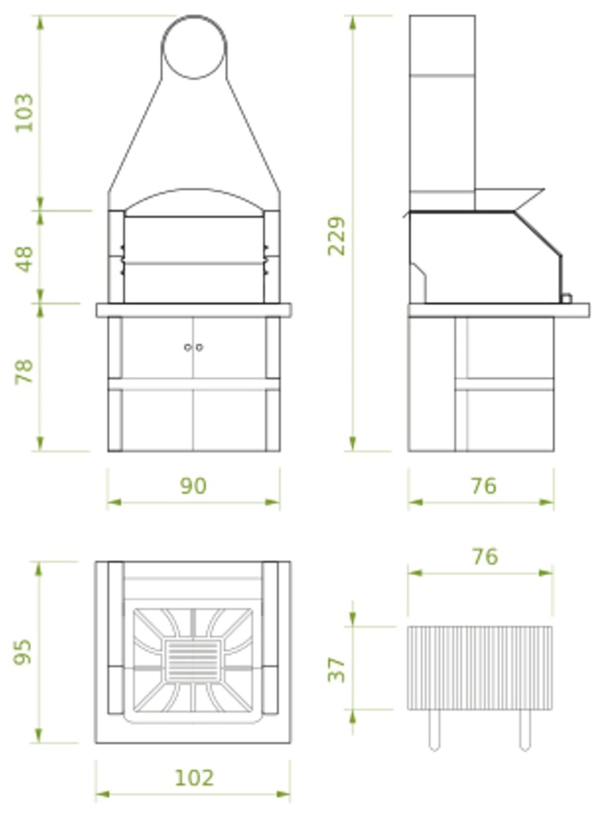 Palazzetti in Giardino Maxime 2 Grill Con Cappa Inox Antracite Barbecue Carbonelle Cemento Refrattario Focolare Rinforzato Carico Legna Frontale Posteriore Cassetto Cenere Griglia Cottura Top Marmotech Incluso Kit Verniciatura Montaggio 102x95 H228 cm