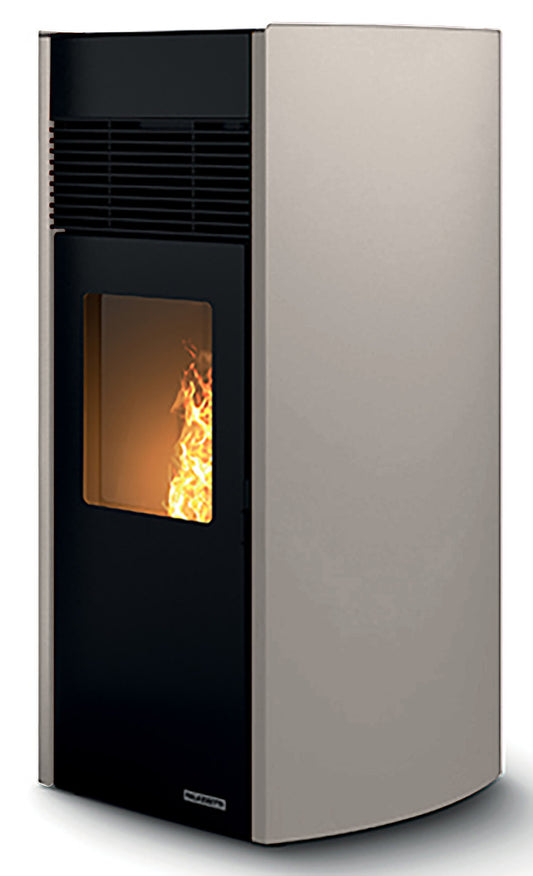 Palazzetti Milù 8 Stufa a Pellet ad Aria Calda Ventilata Frontale Regolabile Potenza 8,2 Kw Rivestimento Acciaio Stondato Colore Bianco Uscita Fumi Posteriore Pannello Digitale Controllo Sfioro Programma Fasce Orarie Scambiatore Braciere Cassetto Cenere