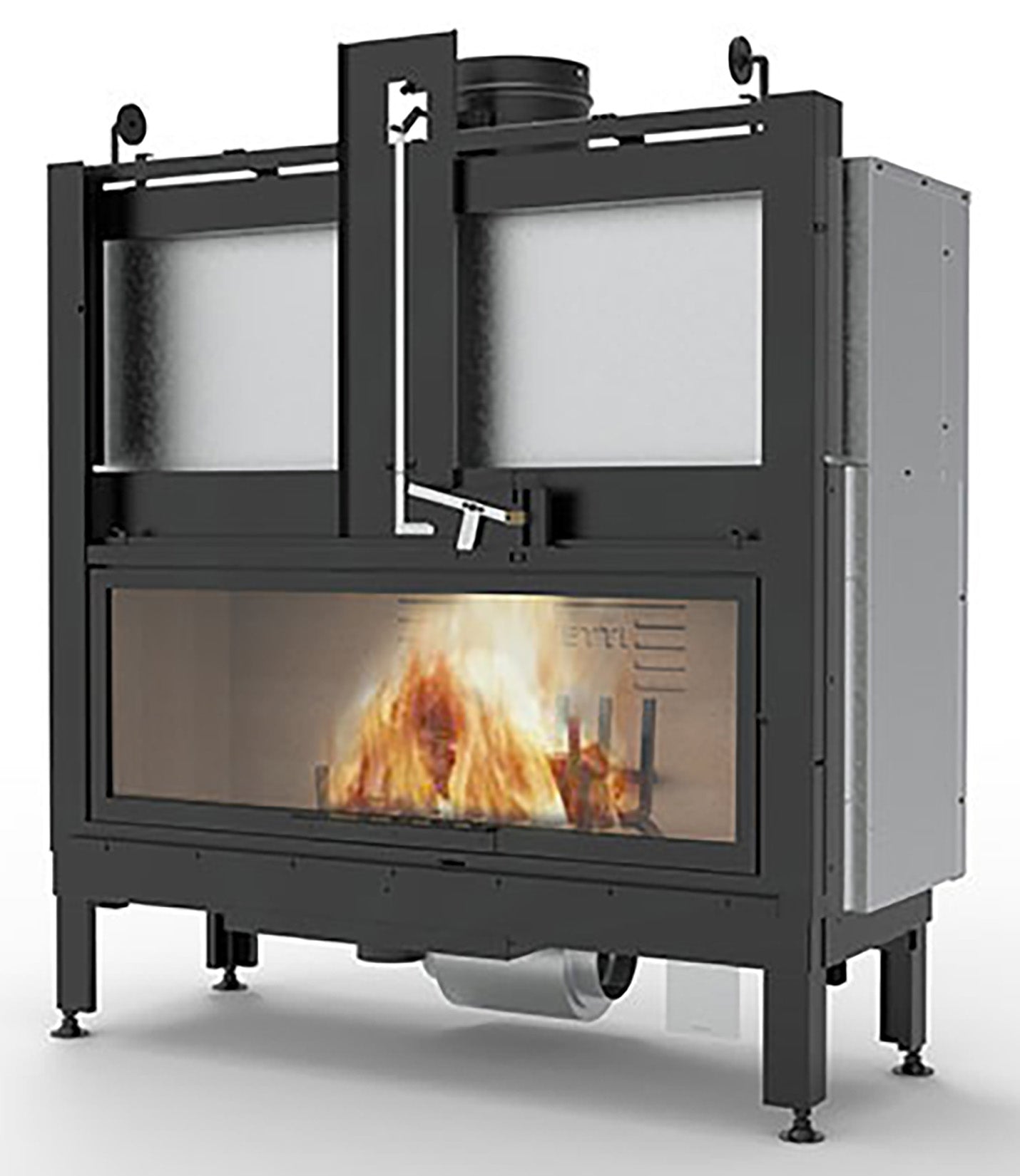 Palazzetti Ecomonoblocco MX 25:9 F Frontale Camino Caminetto Legna Aria Calda Convezione Naturale Irraggiamento Canalizzabile 14,1 Kw Focolare Ghisa Refrattario Doppia Combustione Porta Vetro Ceramico Scorrevole Battente Portaceppi Bocchette 135x53x154 cm