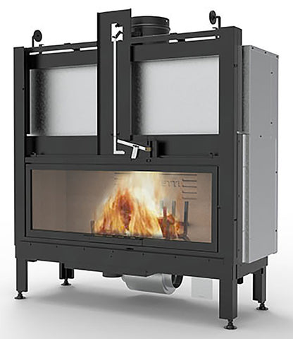 Palazzetti Ecomonoblocco MX 25:9 F Frontale Camino Caminetto Legna Aria Calda Convezione Naturale Irraggiamento Canalizzabile 14,1 Kw Focolare Ghisa Refrattario Doppia Combustione Porta Vetro Ceramico Scorrevole Battente Portaceppi Bocchette 135x53x154 cm