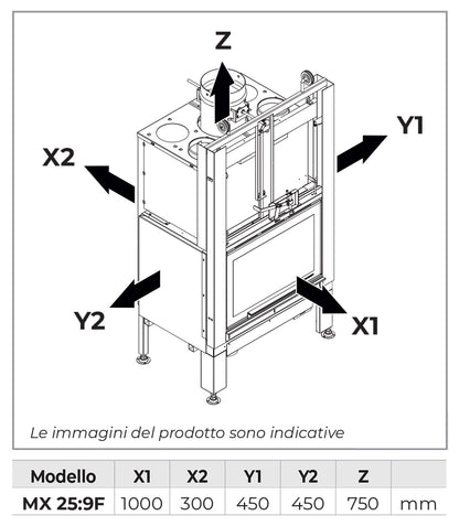 Palazzetti Ecomonoblocco MX 25:9 F Frontale Camino Caminetto Legna Aria Calda Convezione Naturale Irraggiamento Canalizzabile 14,1 Kw Focolare Ghisa Refrattario Doppia Combustione Porta Vetro Ceramico Scorrevole Battente Portaceppi Bocchette 135x53x154 cm