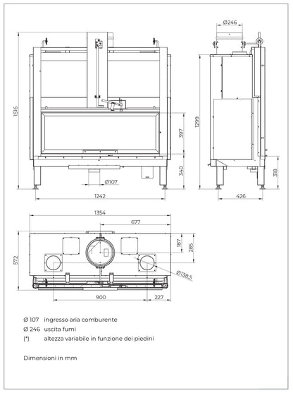 Palazzetti Ecomonoblocco MX 25:9 F Frontale Camino Caminetto Legna Aria Calda Convezione Naturale Irraggiamento Canalizzabile 14,1 Kw Focolare Ghisa Refrattario Doppia Combustione Porta Vetro Ceramico Scorrevole Battente Portaceppi Bocchette 135x53x154 cm