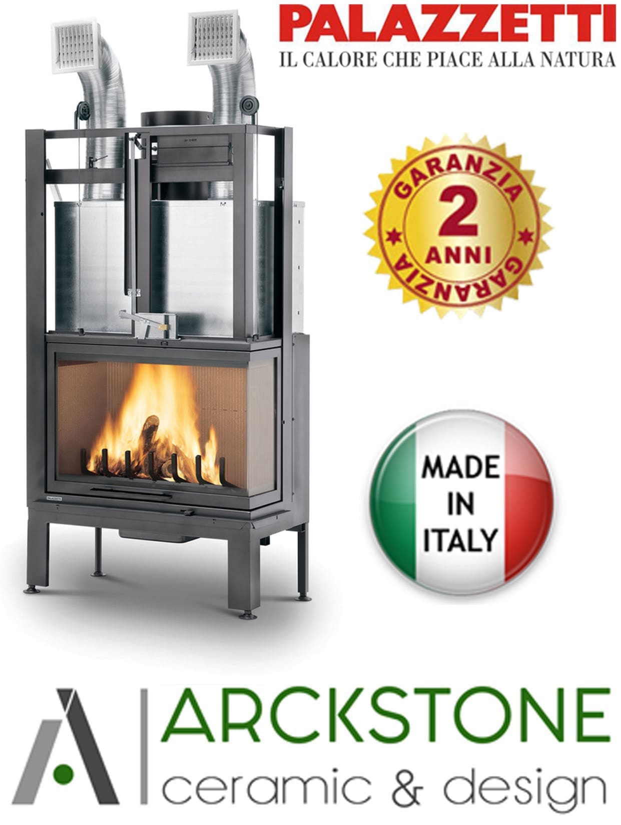 Palazzetti MX 78 R Angolo DX Camino Legna Aria Calda Convezione Circolazione Naturale Canalizzabile Riscaldamento Irraggiamento Potenza 16,7 kW Apertura Porta Scorrimento Versione Angolare Destro Materiale Focolare Ghisa Refrattario Misura 85x55x165 cm