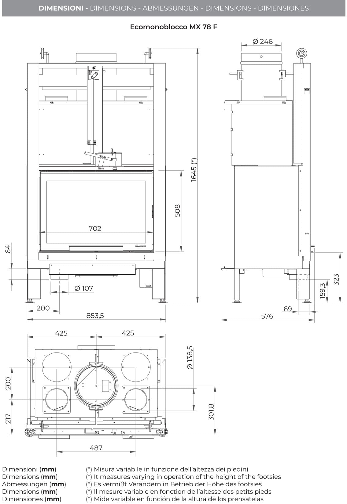 Palazzetti MX 78 F Frontale Camino Ecomonoblocco Legna Aria Calda Convezione Circolazione Naturale Canalizzabile Riscaldamento Irraggiamento Potenza 16,7 kW Apertura Porta Scorrimento Focolare Ghisa Refrattario Aria Comburente Esterno Misura 85x55x165 cm