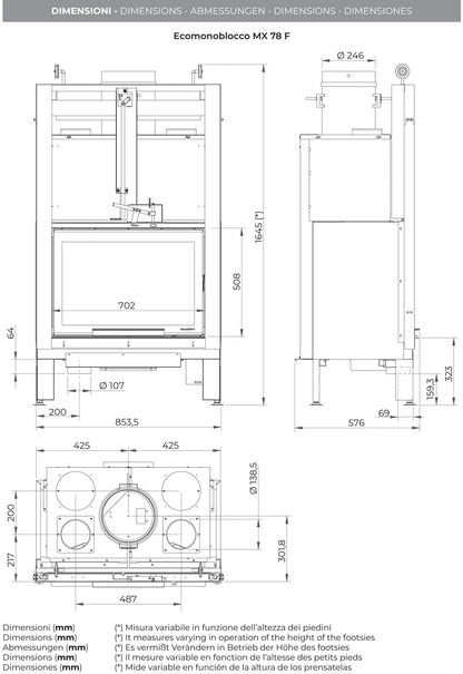 Palazzetti MX 78 F Frontale Camino Ecomonoblocco Legna Aria Calda Convezione Circolazione Naturale Canalizzabile Riscaldamento Irraggiamento Potenza 16,7 kW Apertura Porta Scorrimento Focolare Ghisa Refrattario Aria Comburente Esterno Misura 85x55x165 cm