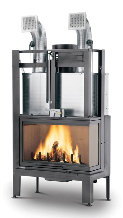 Palazzetti MX 86 R Angolo DX Camino Legna Aria Calda Convezione Circolazione Naturale Canalizzabile Riscaldamento Irraggiamento Potenza 20,4 Kw Apertura Porta Scorrimento Versione Angolare Destro Materiale Focolare Ghisa Refrattario Misura 100x67x165 cm