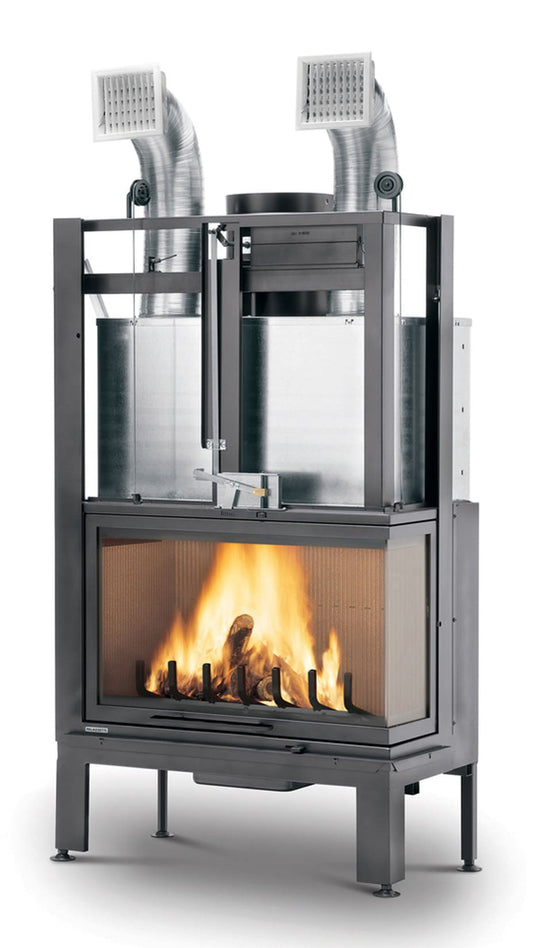Palazzetti MX 86 R Angolo DX Camino Legna Aria Calda Convezione Circolazione Naturale Canalizzabile Riscaldamento Irraggiamento Potenza 20,4 Kw Apertura Porta Scorrimento Versione Angolare Destro Materiale Focolare Ghisa Refrattario Misura 100x67x165 cm