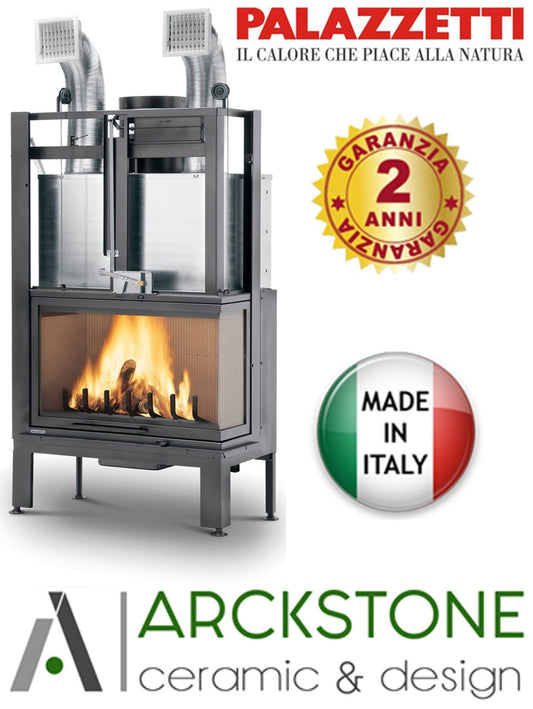 Palazzetti MX 86 R Angolo DX Camino Legna Aria Calda Convezione Circolazione Naturale Canalizzabile Riscaldamento Irraggiamento Potenza 20,4 Kw Apertura Porta Scorrimento Versione Angolare Destro Materiale Focolare Ghisa Refrattario Misura 100x67x165 cm