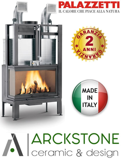 Palazzetti MX 86 L Angolo SX Camino Legna Aria Calda Convezione Circolazione Naturale Canalizzabile Riscaldamento Irraggiamento Potenza 20,4 Kw Apertura Porta Scorrimento Versione Angolare Sinistro Materiale Focolare Ghisa Refrattario Misura 100x67x165 cm