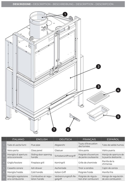 Palazzetti MX 86 L Angolo SX Camino Legna Aria Calda Convezione Circolazione Naturale Canalizzabile Riscaldamento Irraggiamento Potenza 20,4 Kw Apertura Porta Scorrimento Versione Angolare Sinistro Materiale Focolare Ghisa Refrattario Misura 100x67x165 cm