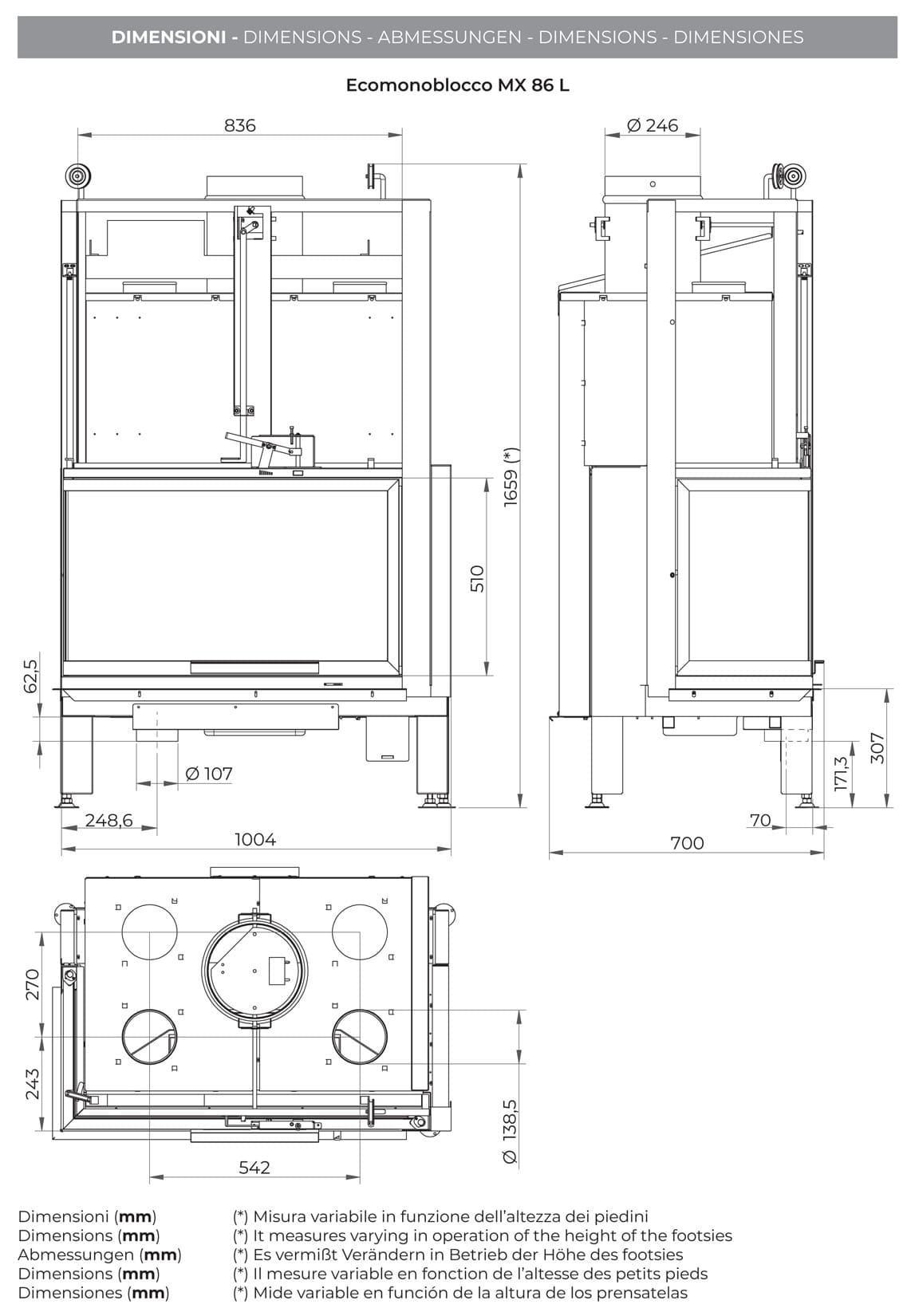 Palazzetti MX 86 L Angolo SX Camino Legna Aria Calda Convezione Circolazione Naturale Canalizzabile Riscaldamento Irraggiamento Potenza 20,4 Kw Apertura Porta Scorrimento Versione Angolare Sinistro Materiale Focolare Ghisa Refrattario Misura 100x67x165 cm
